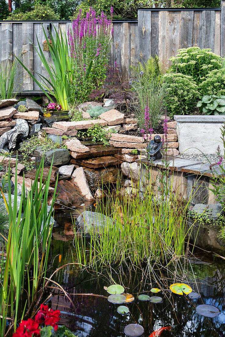 Naturteich mit blühender Staudenbepflanzung im Garten