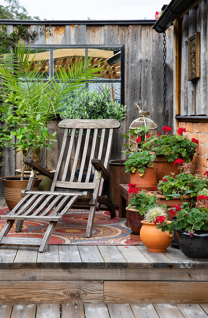 Gemütliche Terrasse mit Holzliege, Geranien und Topfpflanzen