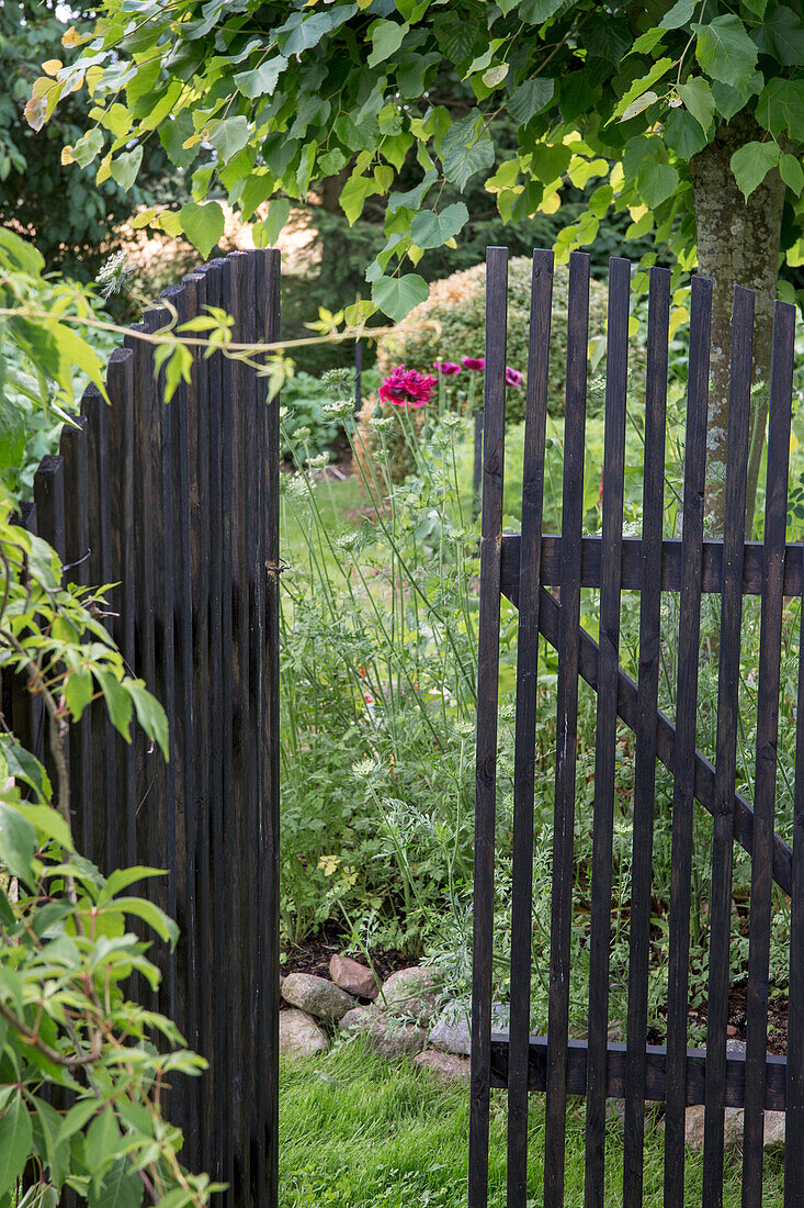 View through an open wooden garden gate into the greenery