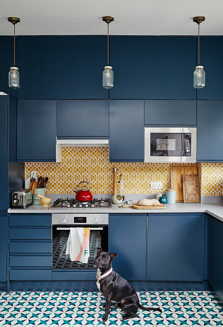 Küche in Blau mit gemustertem Fliesenspiegel und Boden, Hund sitzt davor