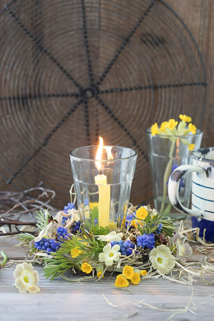 Windlicht mit Kerze in Kranz aus Traubenhyazinthen (Muscari), Schlüsselblumen (Primula veris), Primeln und Heu