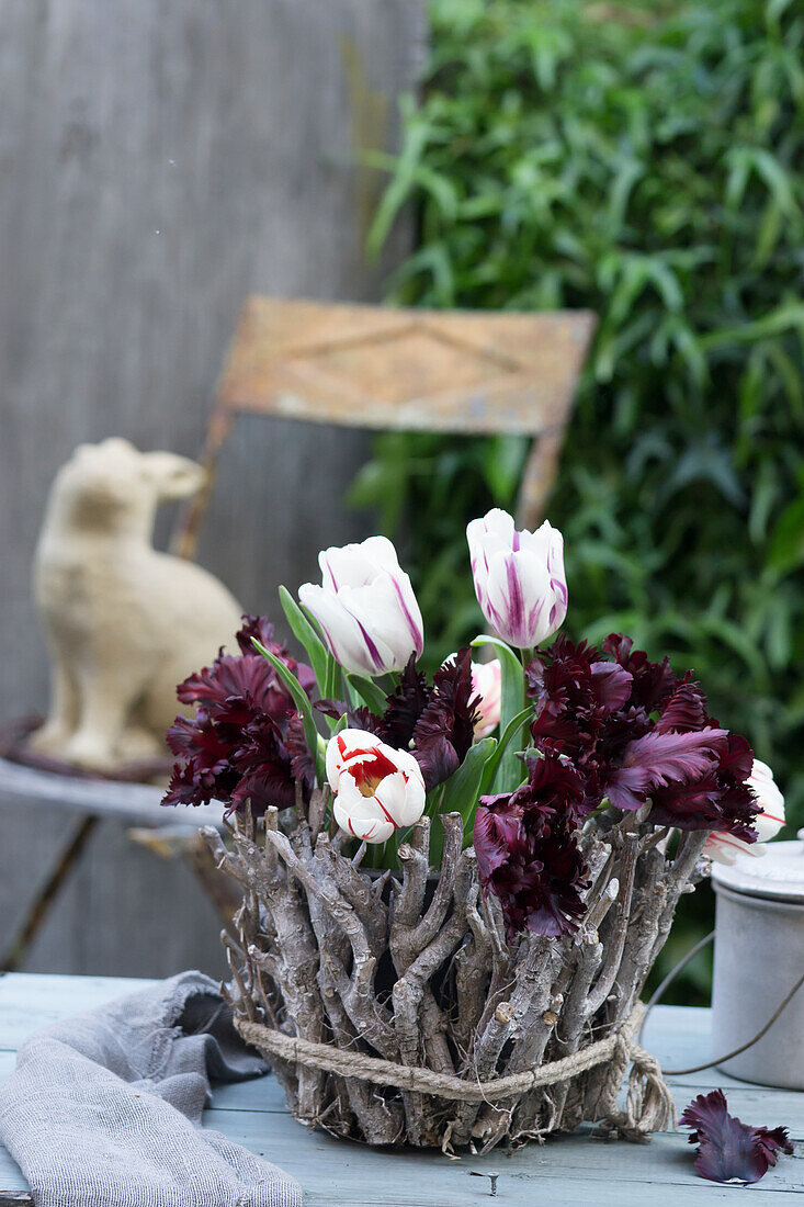 Tulips in a jar, covered with gnarled twigs