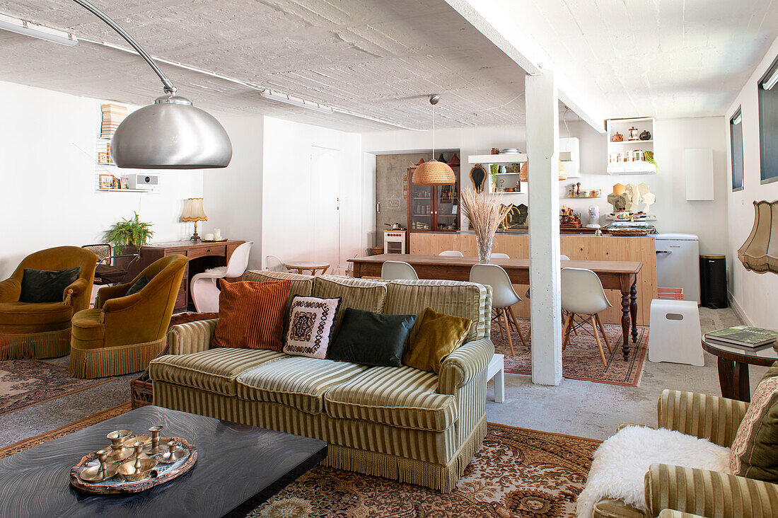 Open-plan living dining area with retro furniture