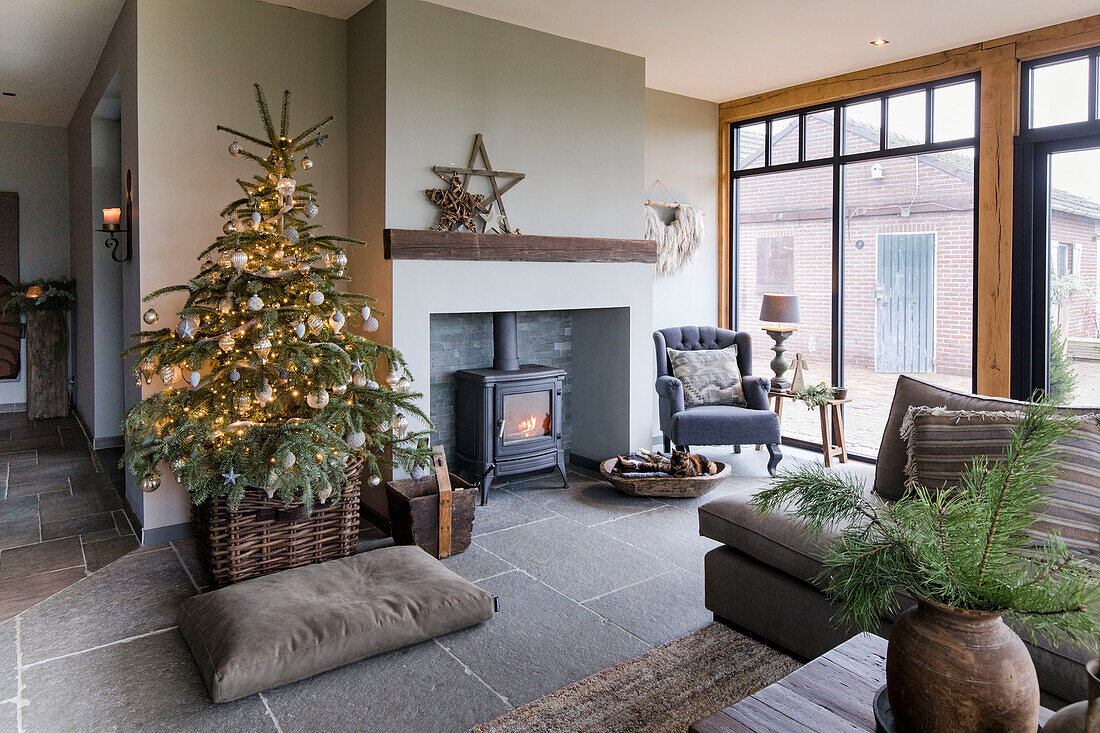 Living room with floor-to-ceiling windows, wood-burning stove and Christmas tree