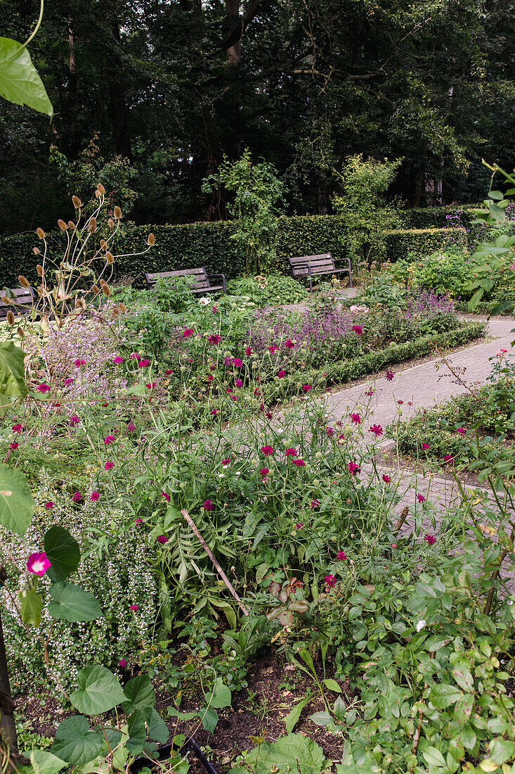 Blumenbeet mit Sitzbänken im parkähnlichen Garten im Sommer