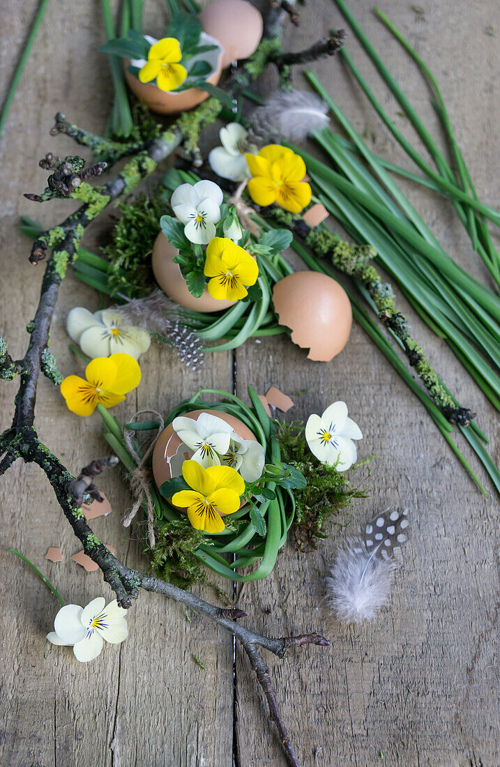 Eierschalen mit Hornweichen und Kränzchen aus Traubenhyazinthenblättern