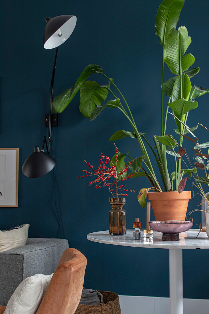 Blue-painted wall with wall lamp and plants on a round table