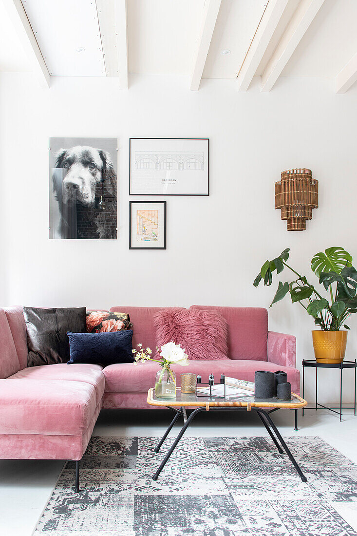 Wohnzimmer mit rosa Ecksofa und Wanddekoration