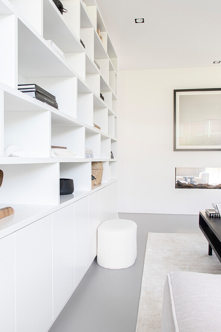 Minimalist living room with white shelving system and modern fireplace