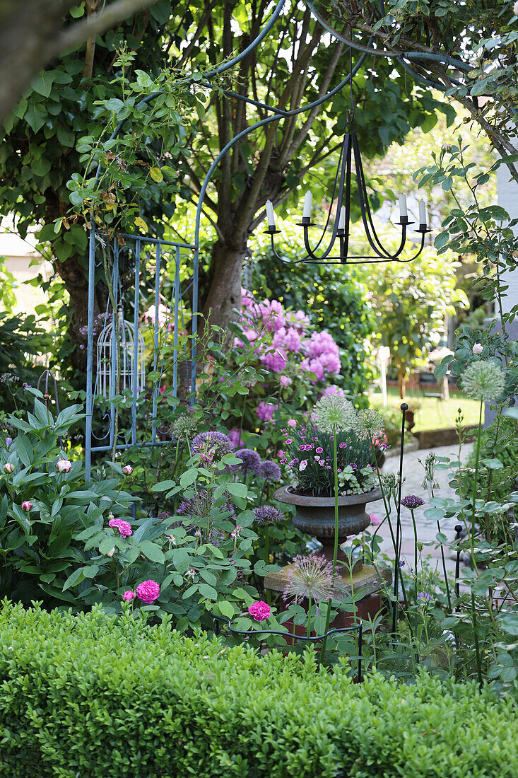 Rosenbogen mit Buchshecken und Kronleuchter im Garten
