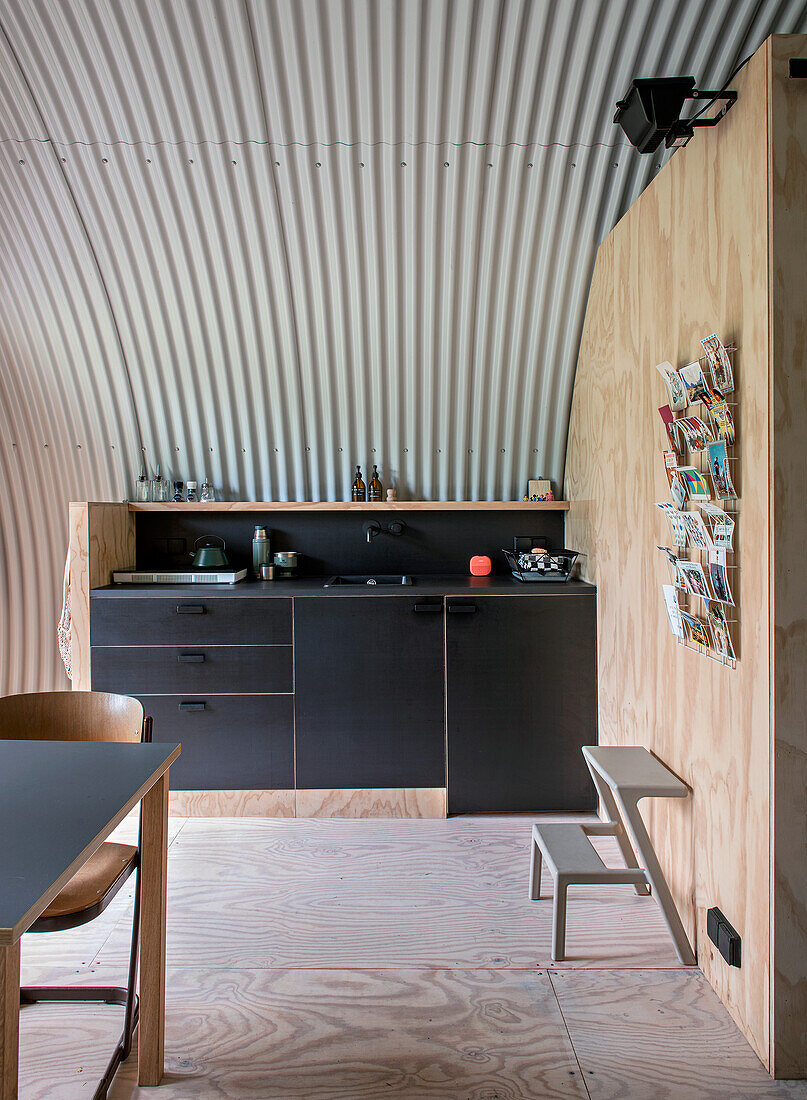 Small, minimalist kitchen with black cupboards