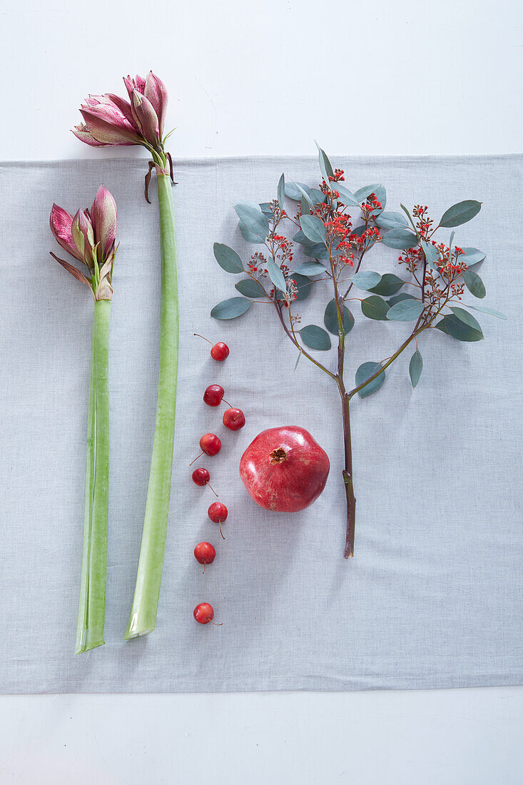 Rot schimmernde Amaryllis, Granatapfel, kleine rote Holzäpfel und rot blühender Eukalyptus