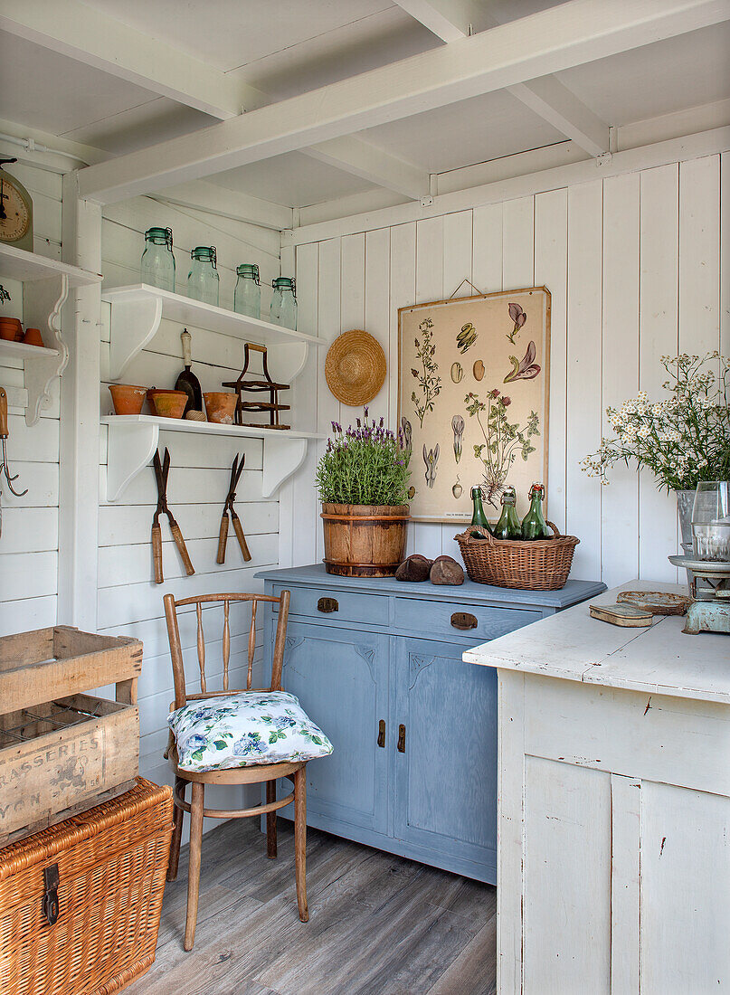 White-painted garden room with antique tools and blue cupboard