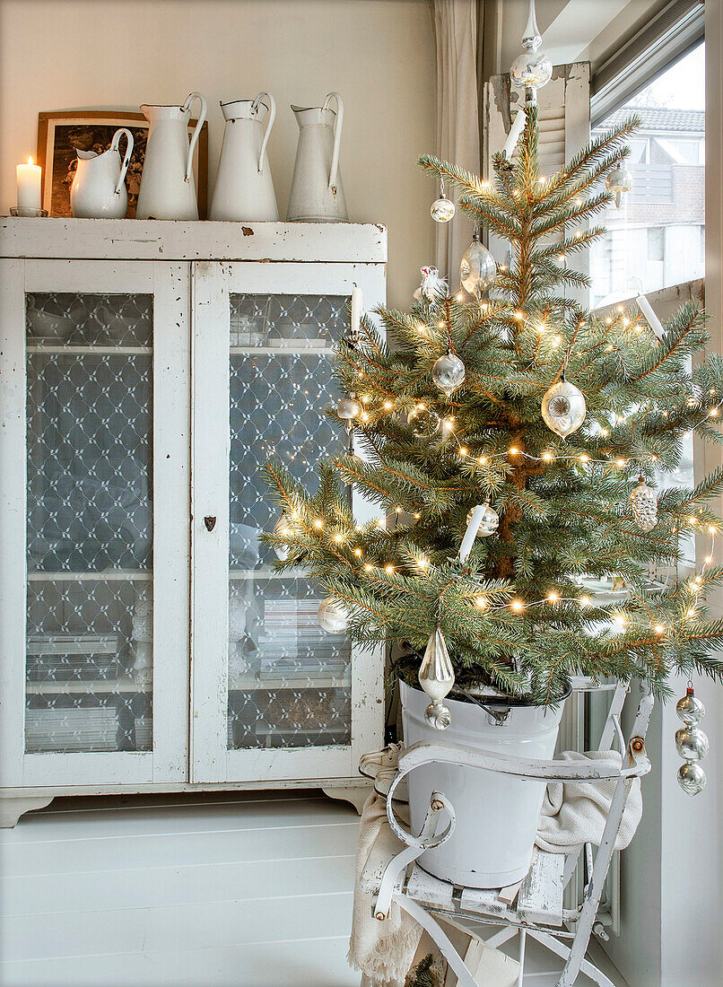 Geschmückter Weihnachtsbaum in altem Emaille-Eimer, im Hintergrund Schrank mit Glastür