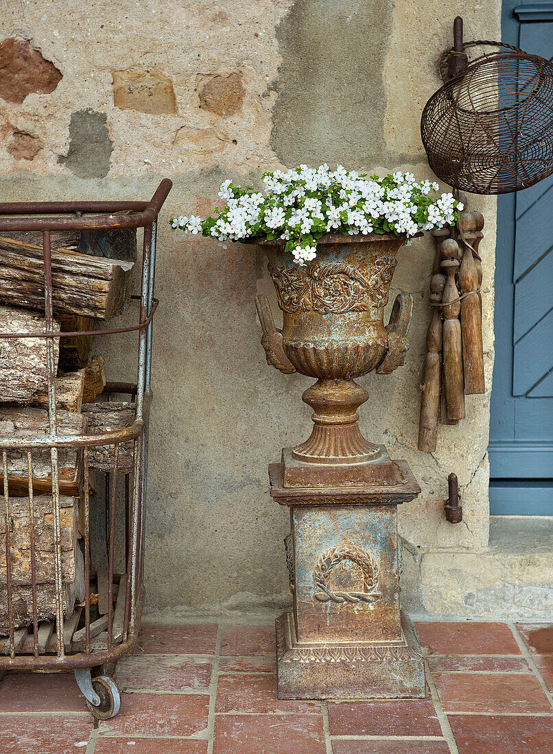 Gusseiserne Vase mit Sommerblumen neben altem Metallwagen mit Brennholz