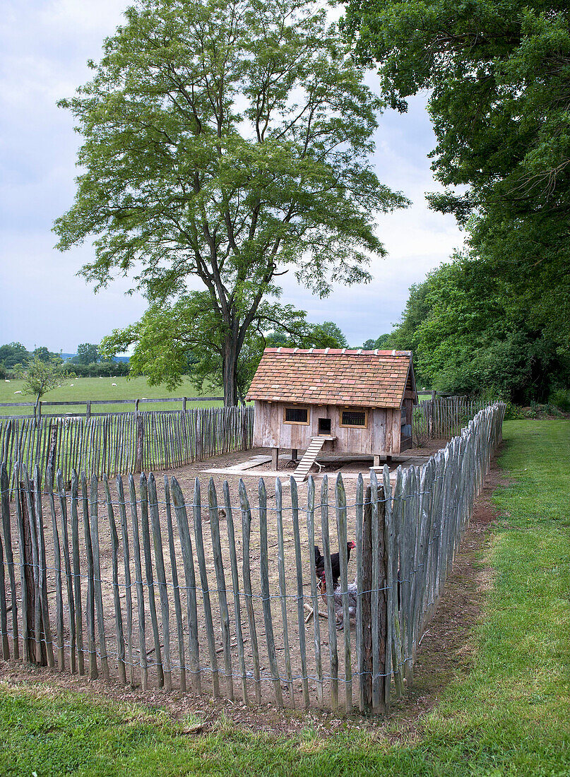 Hühnerstall umgeben von Holzzaun auf ländlichem Grundstück