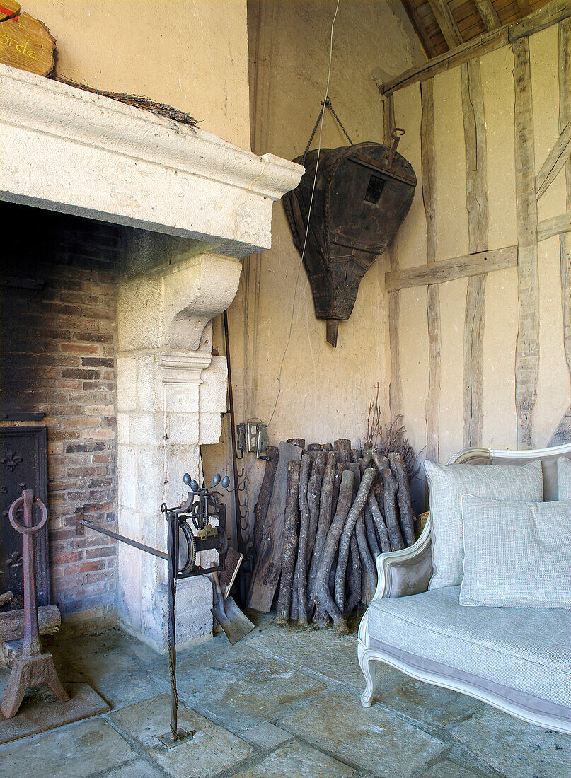 Rustic fireplace in a historic ambiance room