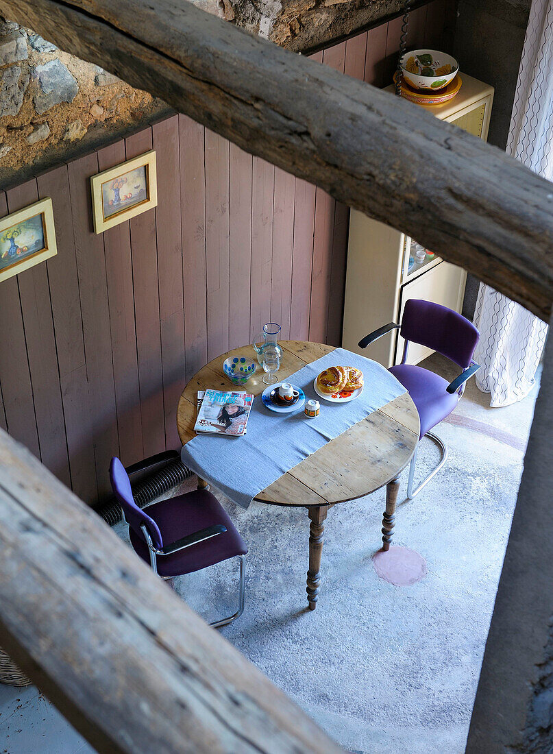 View from above of breakfast table with two chairs
