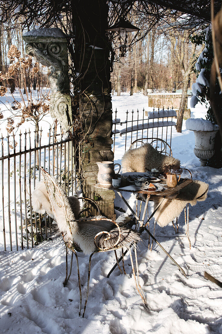 Table set under a tree in the snow