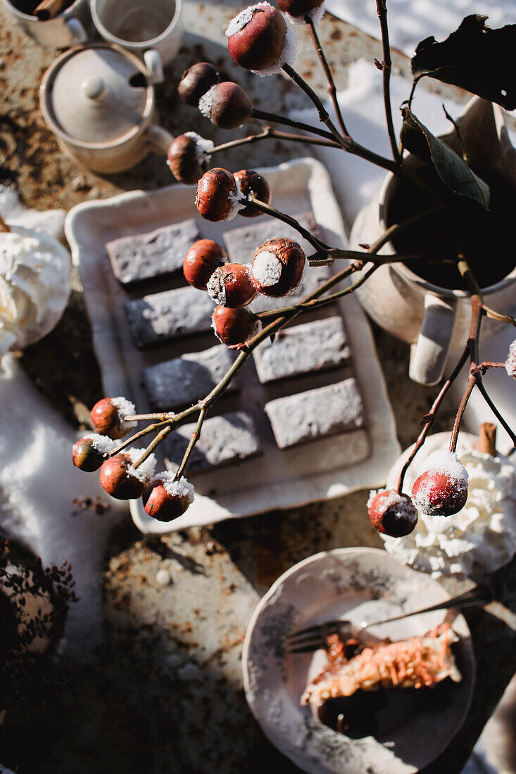 Snowy coffee table with rose hips and treats