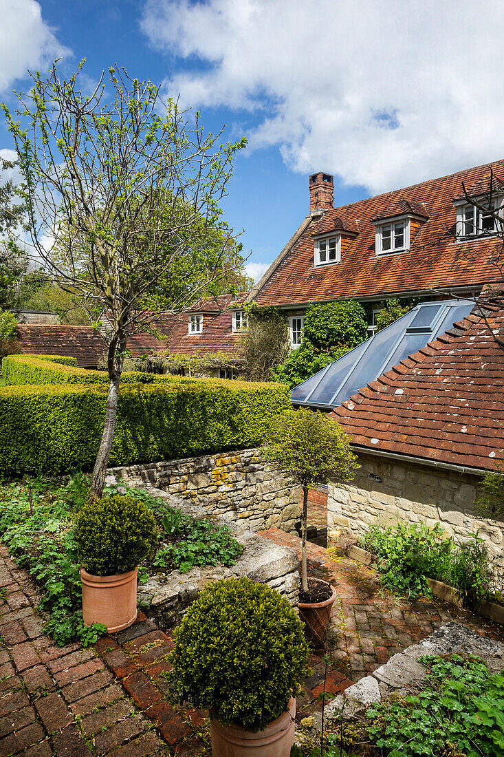 Historic courtyard with stone wall, hedges and plants