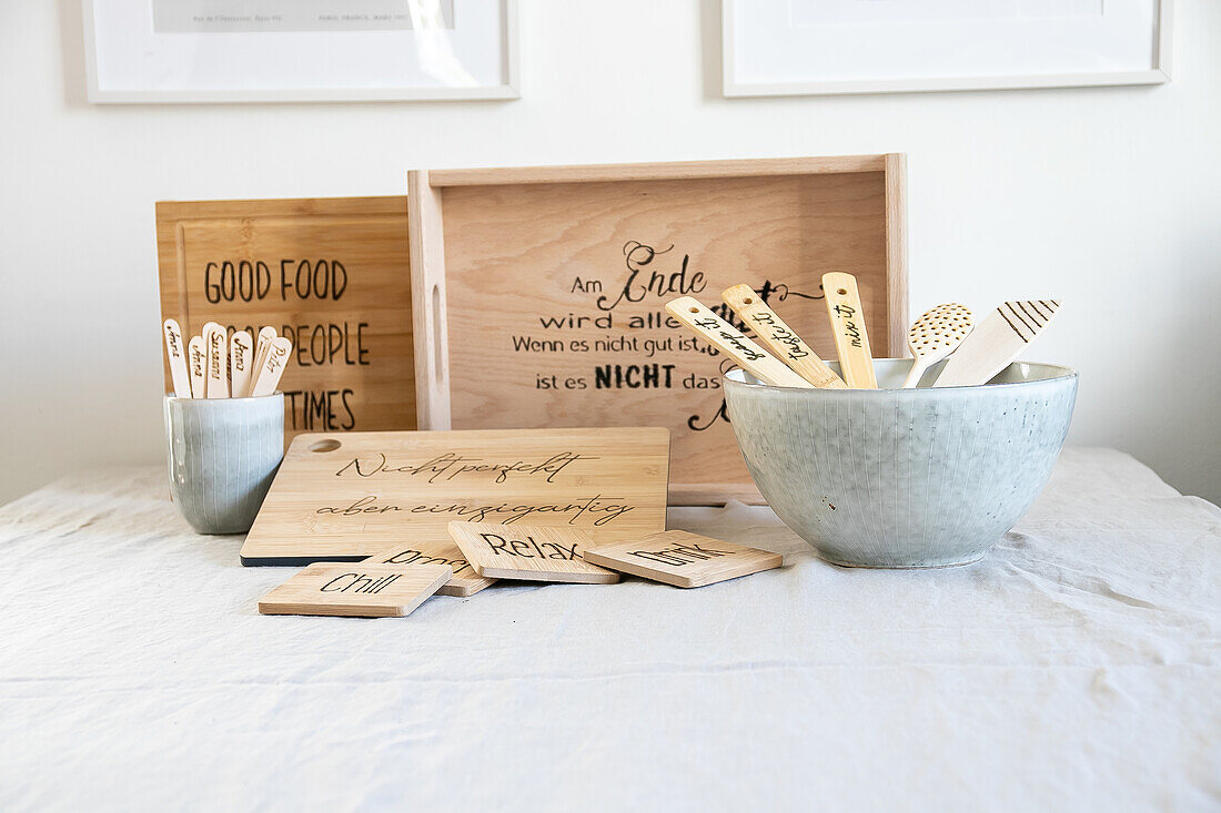 DIY wooden objects with motivational sayings and lettering