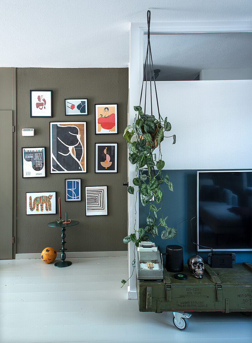 Gallery wall in the living room with green plant and military crate as TV console