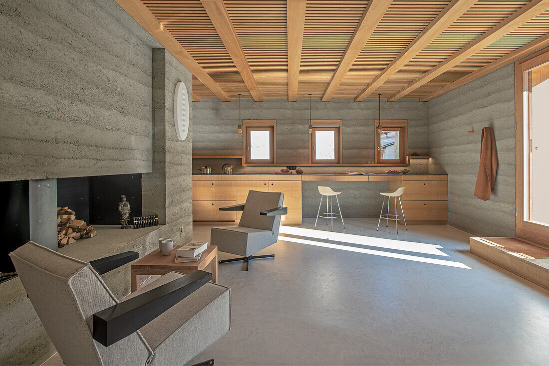 Modernes Wohnzimmer mit Betonwänden und Holzdecke
