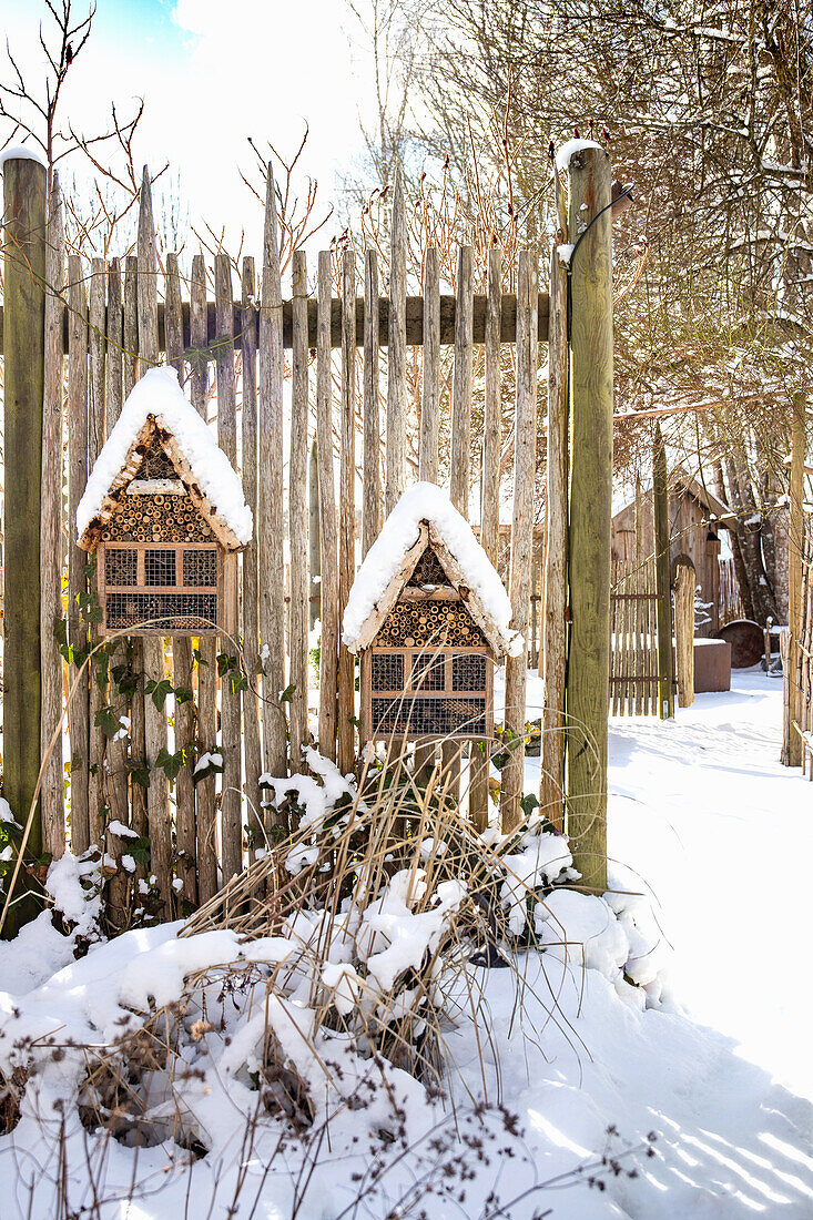 Snow-covered insect hotels on fence in winter garden