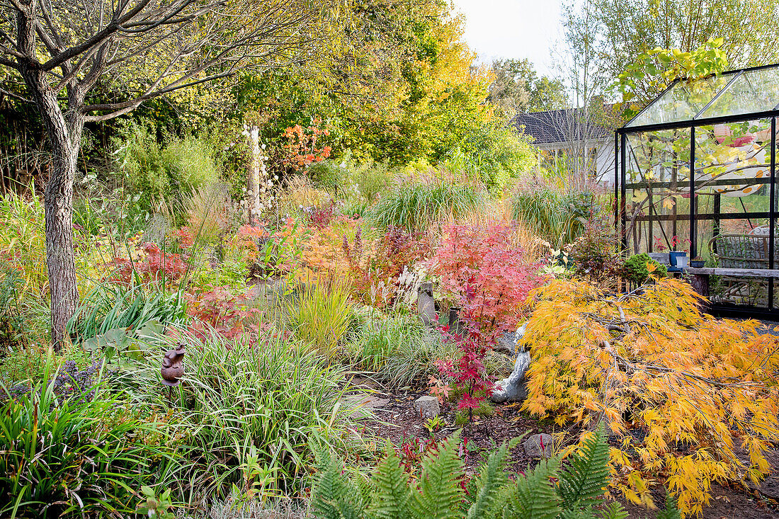 Colourful autumn garden with beautifully decorated glass greenhouse