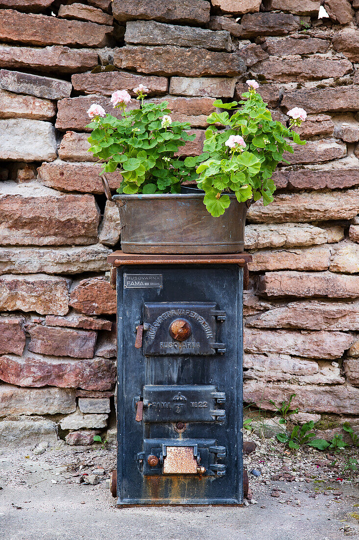 Alter Ofen mit Zinktopf mit rosa Geranien vor Steinmauer