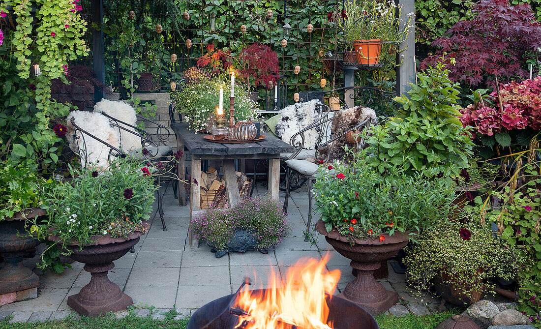 Cosy seating area in the garden with fire pit and lush planting