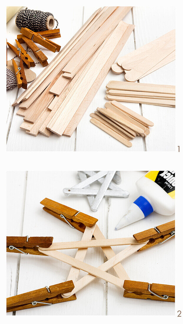 Wooden sticks and clips for craft projects on a white background