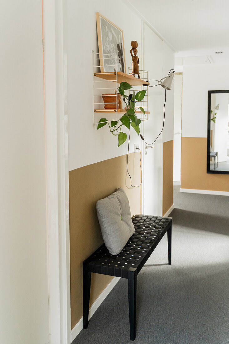 Hallway with black bench and cushions, wall shelf above with plant and decoration