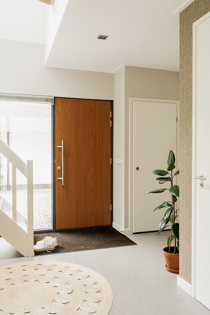 Modern entrance area with wooden door and potted plant