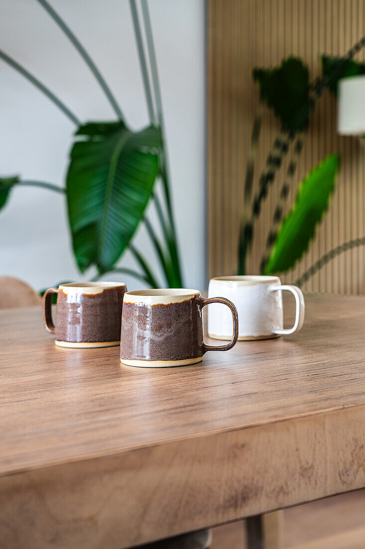 Ceramic cups on wooden table, houseplant in the background