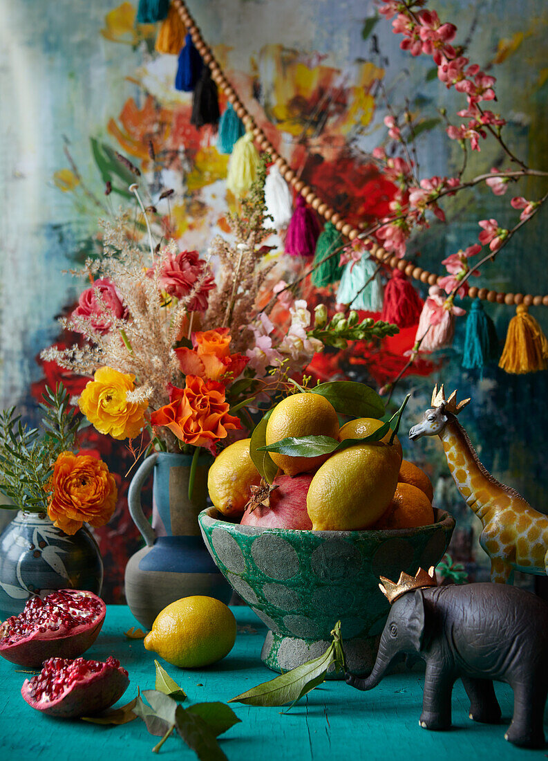 Floral still life with fruit