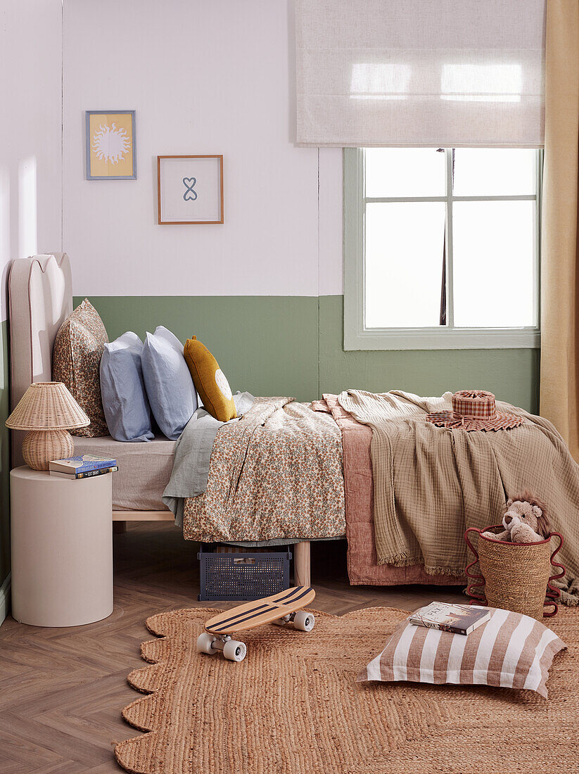 Children's room with bed linen in natural colours, skateboard and basket with cuddly toy