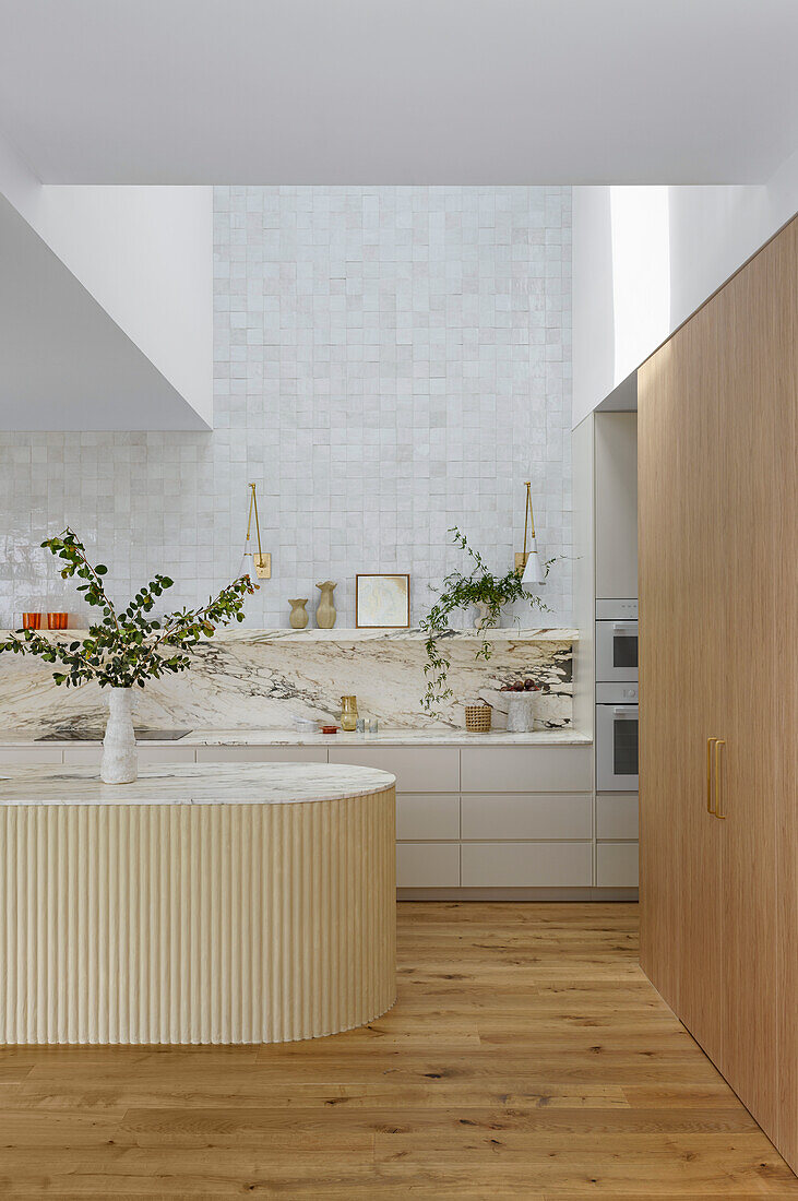 Modern kitchen with kitchen island and built-in wooden cupboard