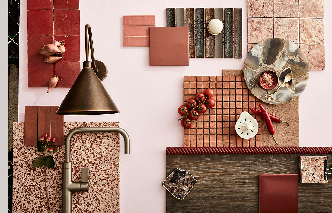 Moodboard for kitchen decor in terracotta and rust red with bronze accents