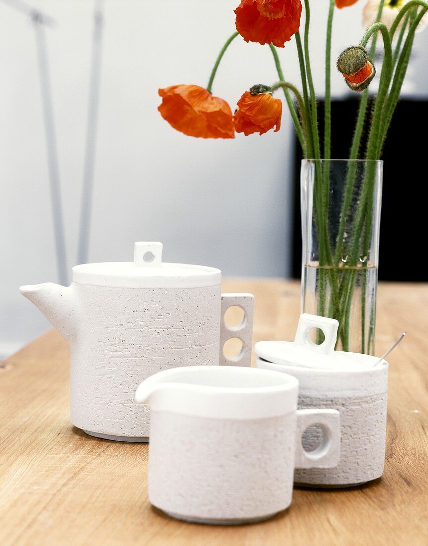 Designer tableware: coffee pot, sugar bowl & milk jug