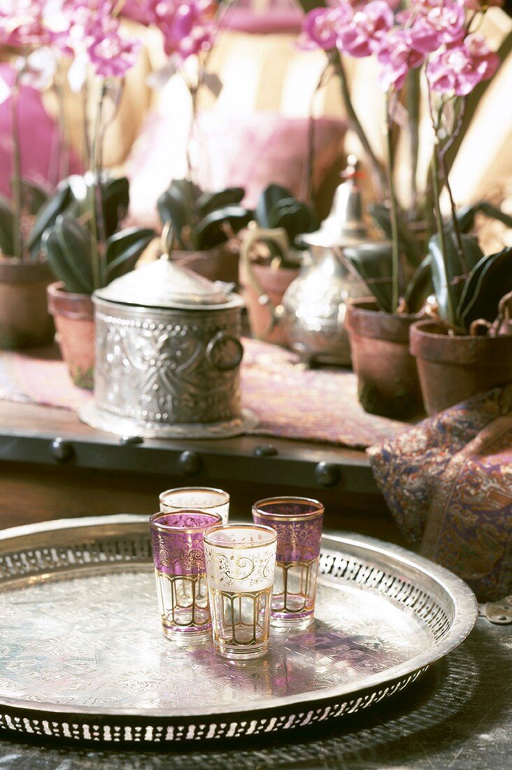 Middle Eastern tea glasses on a tray