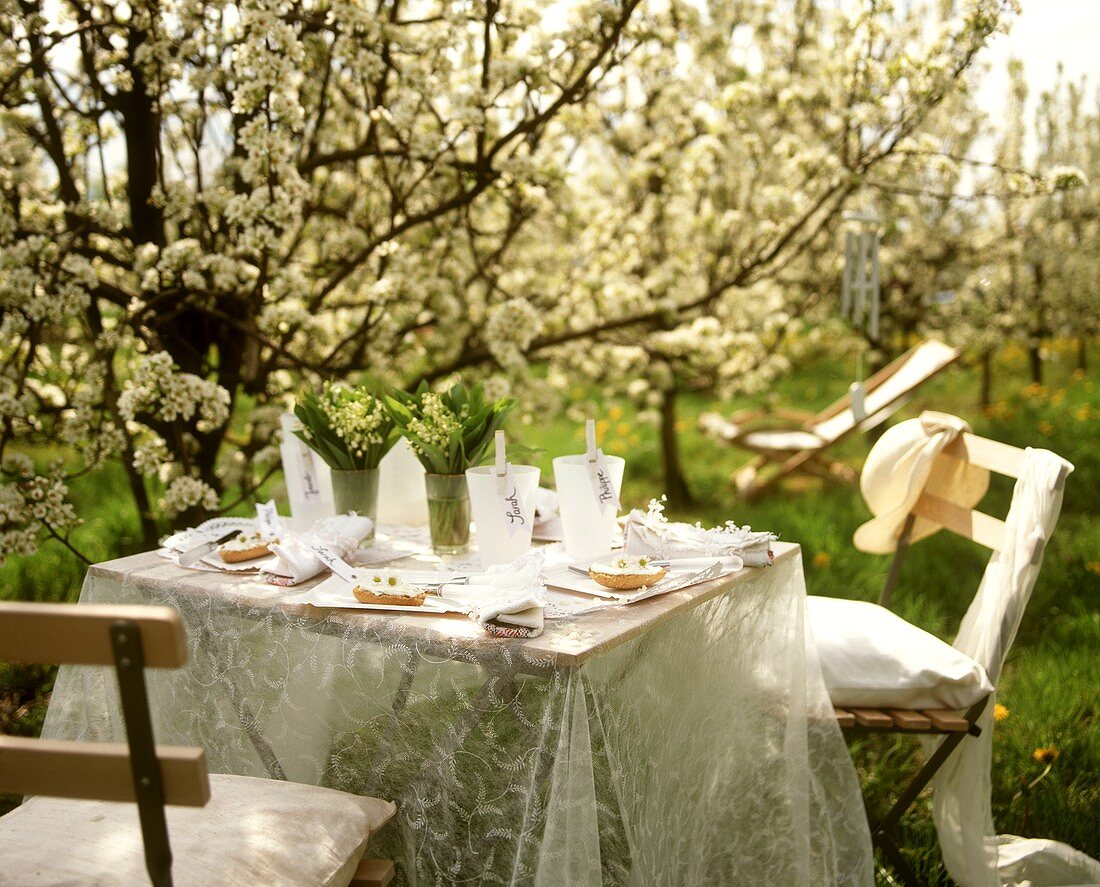 Frühlingshaft gedeckter Gartentisch mit weisser Tischdeko