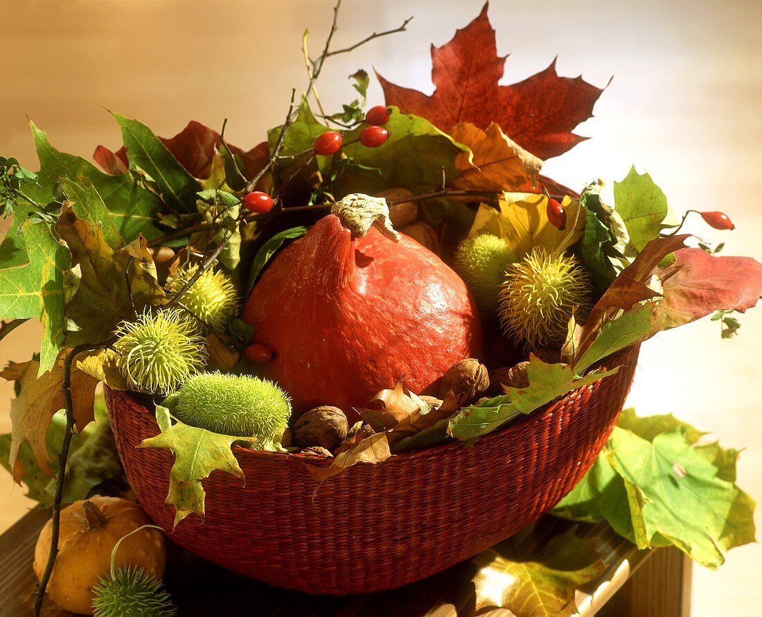 Schale mit kleinem Kürbis, Kastanien, Blättern als Herbstdeko