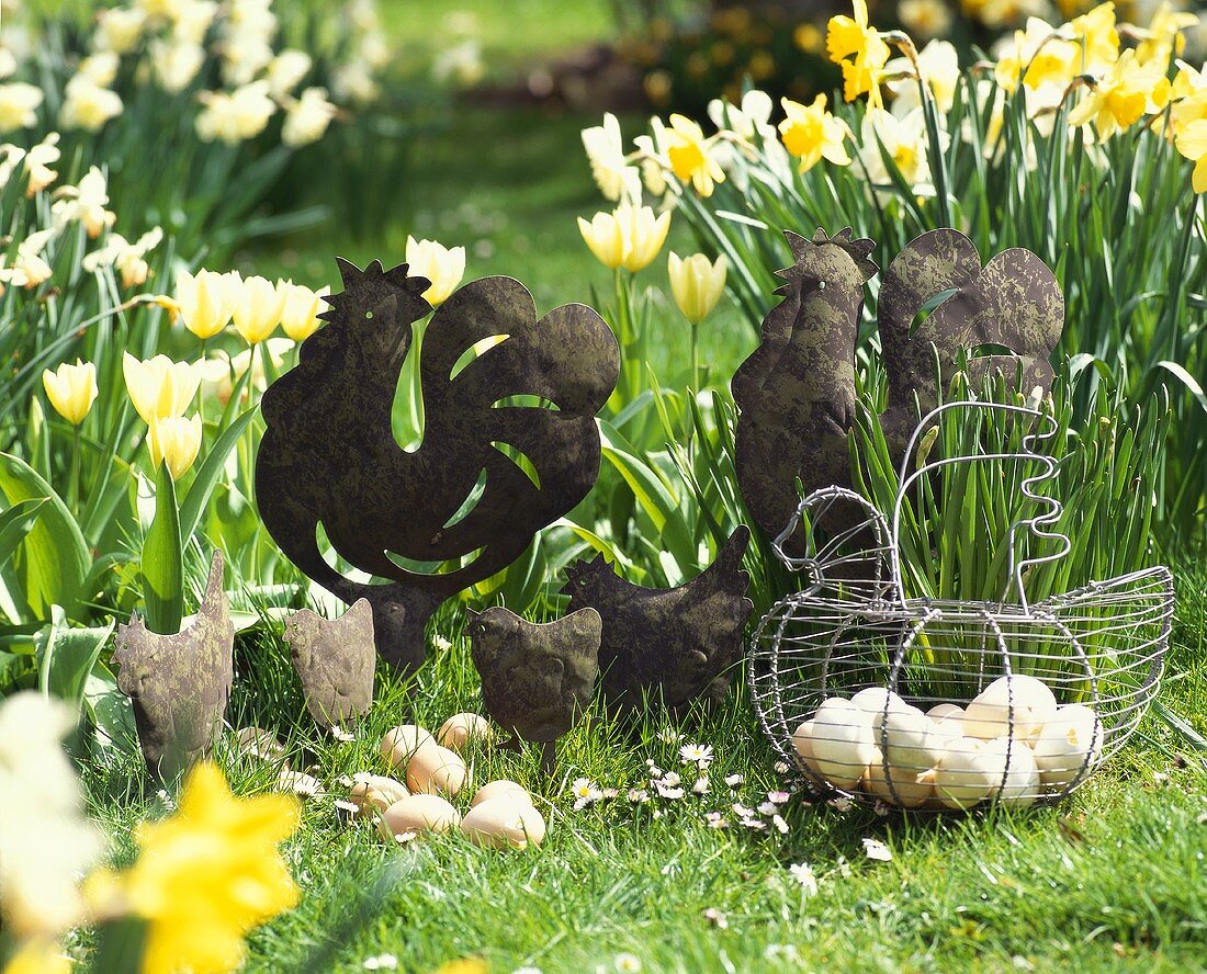 Easter decoration in garden: eggs, metal cockerels, daffodils