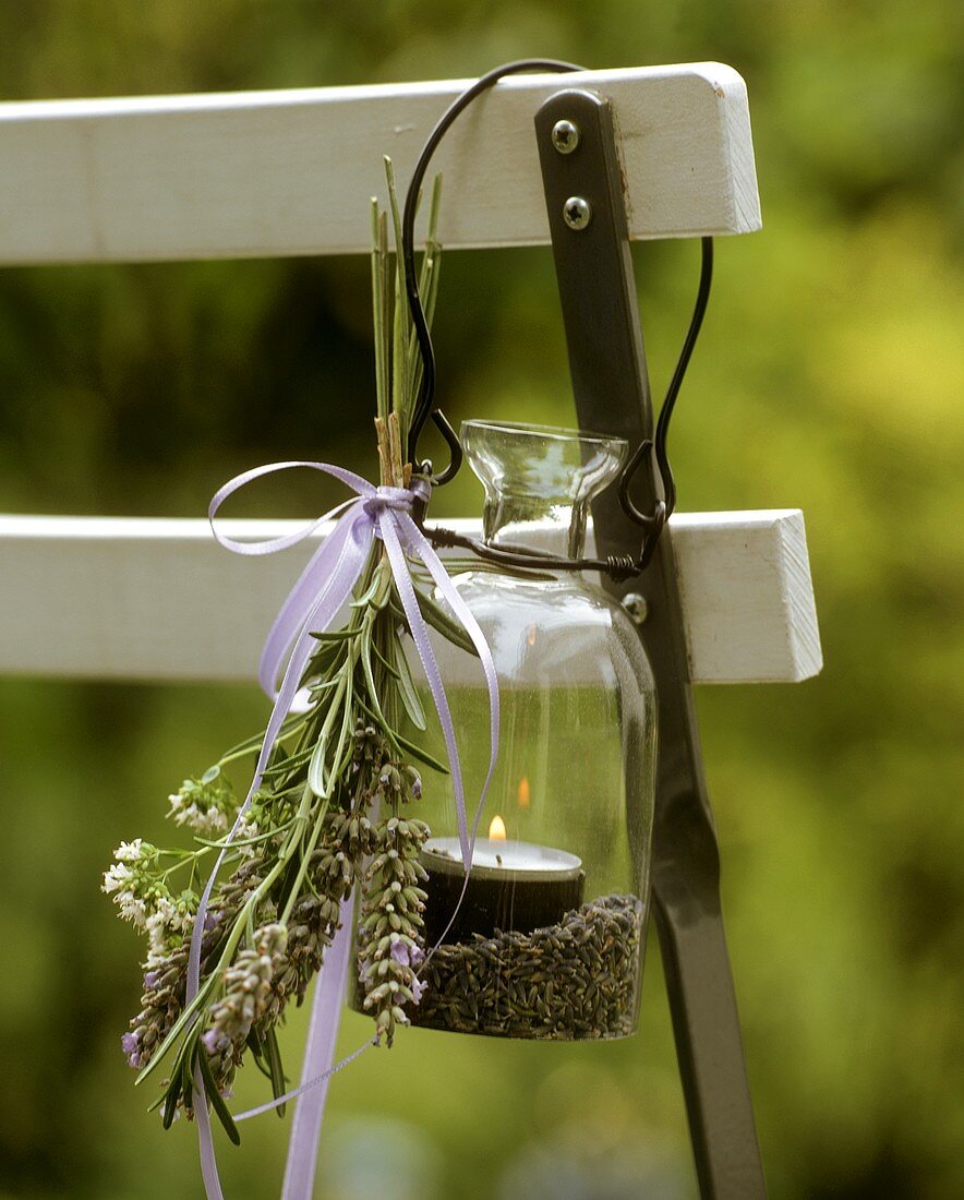 Glass garden light with lavender as decoration