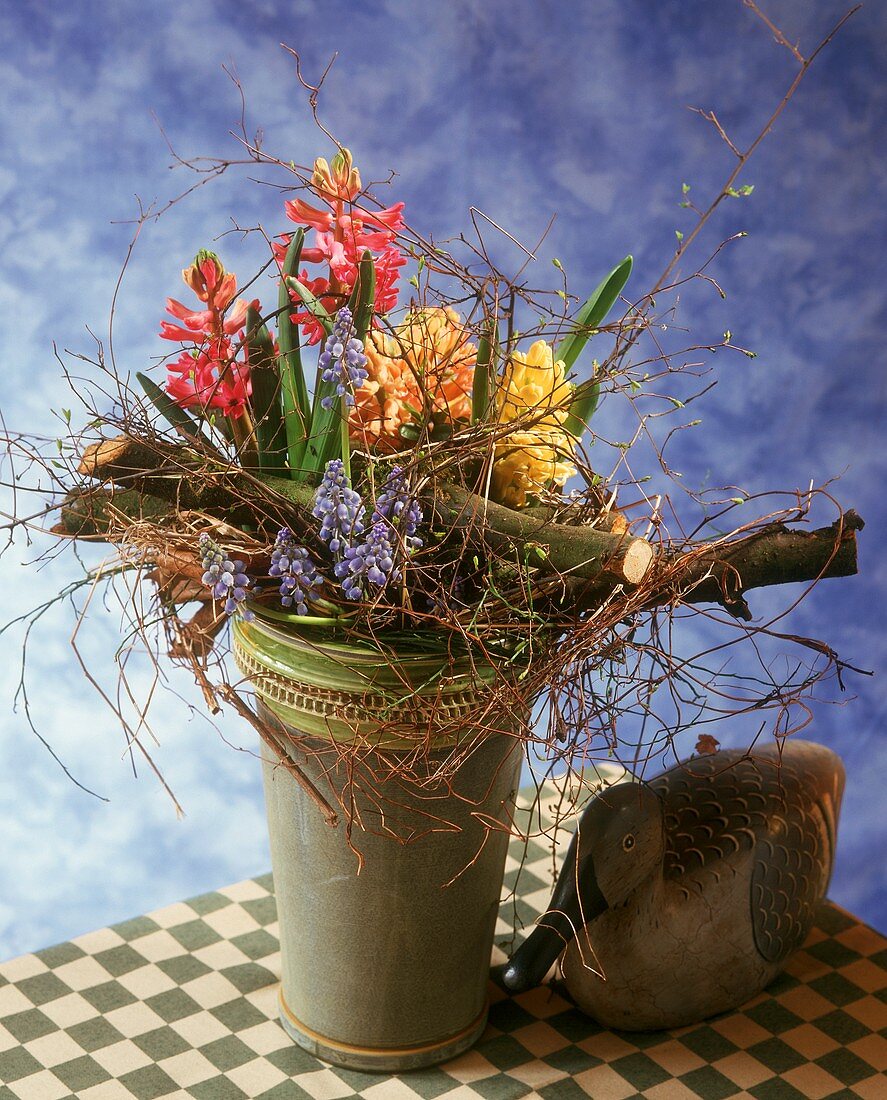 Arrangement of yellow and pink hyacinths