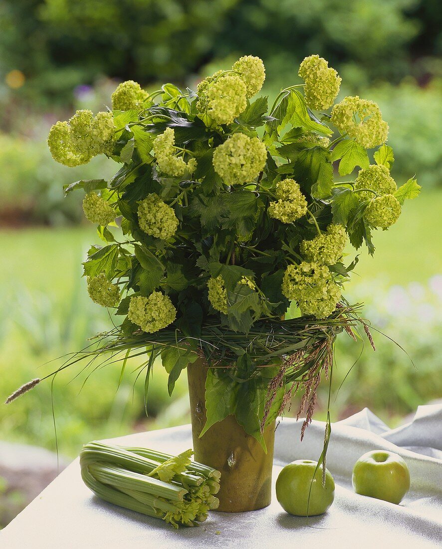 Bouquet of hydrangea with grasses