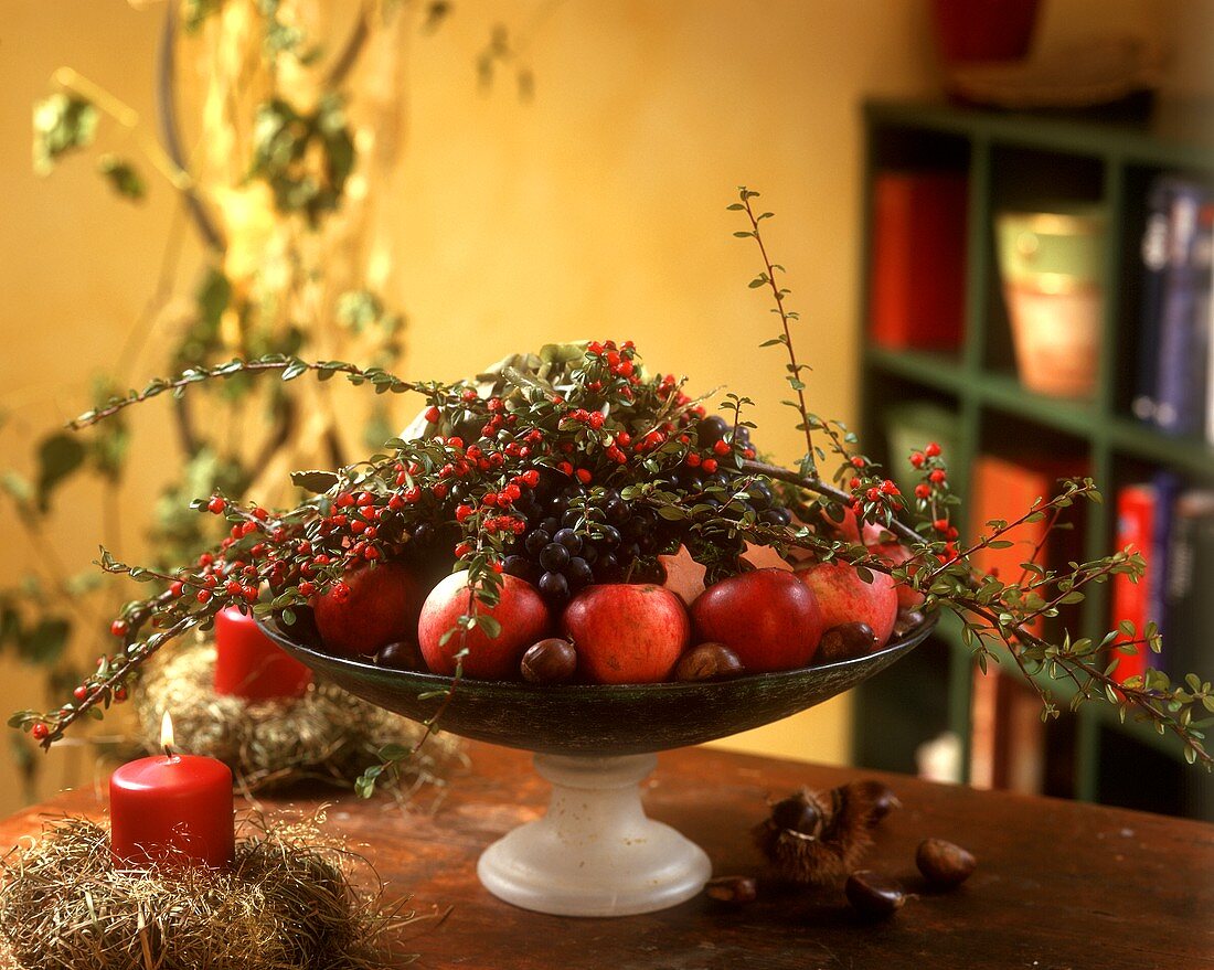 Fruit bowl with apple and sprigs of cotoneaster