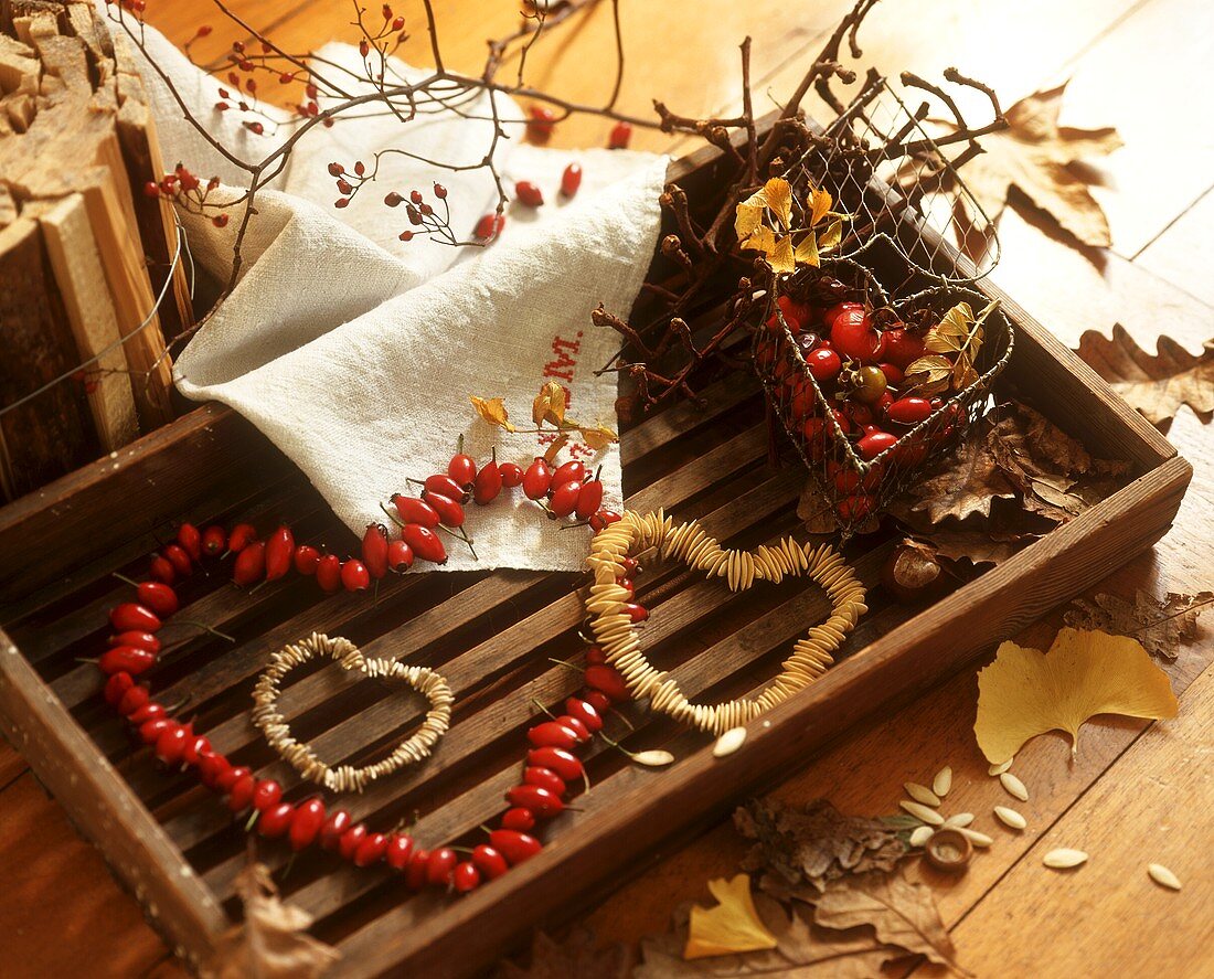 Hearts made from autumn fruits